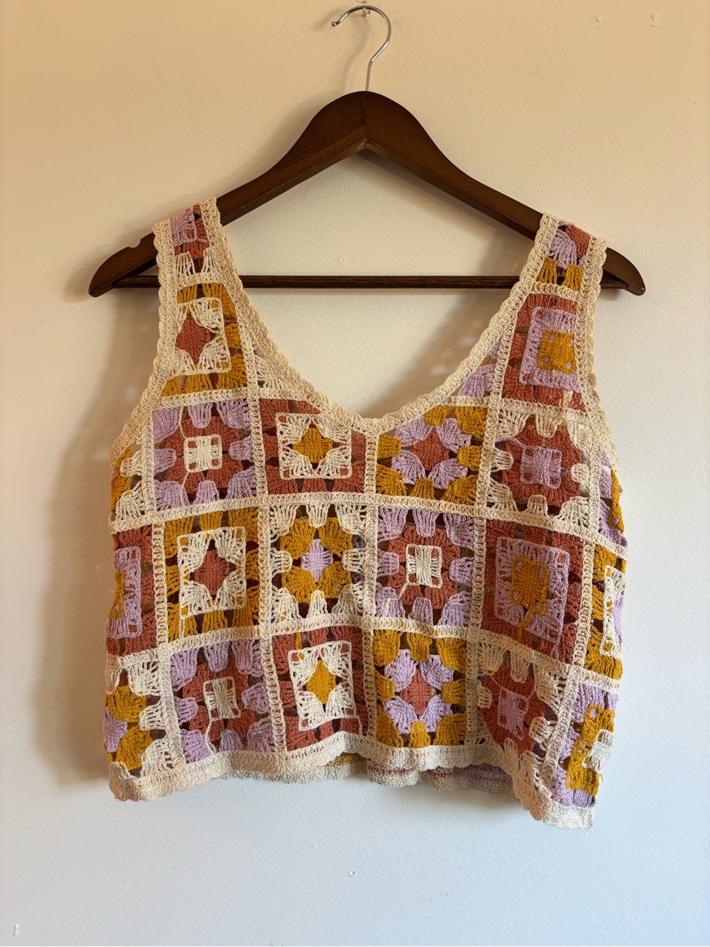 Crochet Patchwork V-Neck Tank Top - Cream, Pink & Mustard